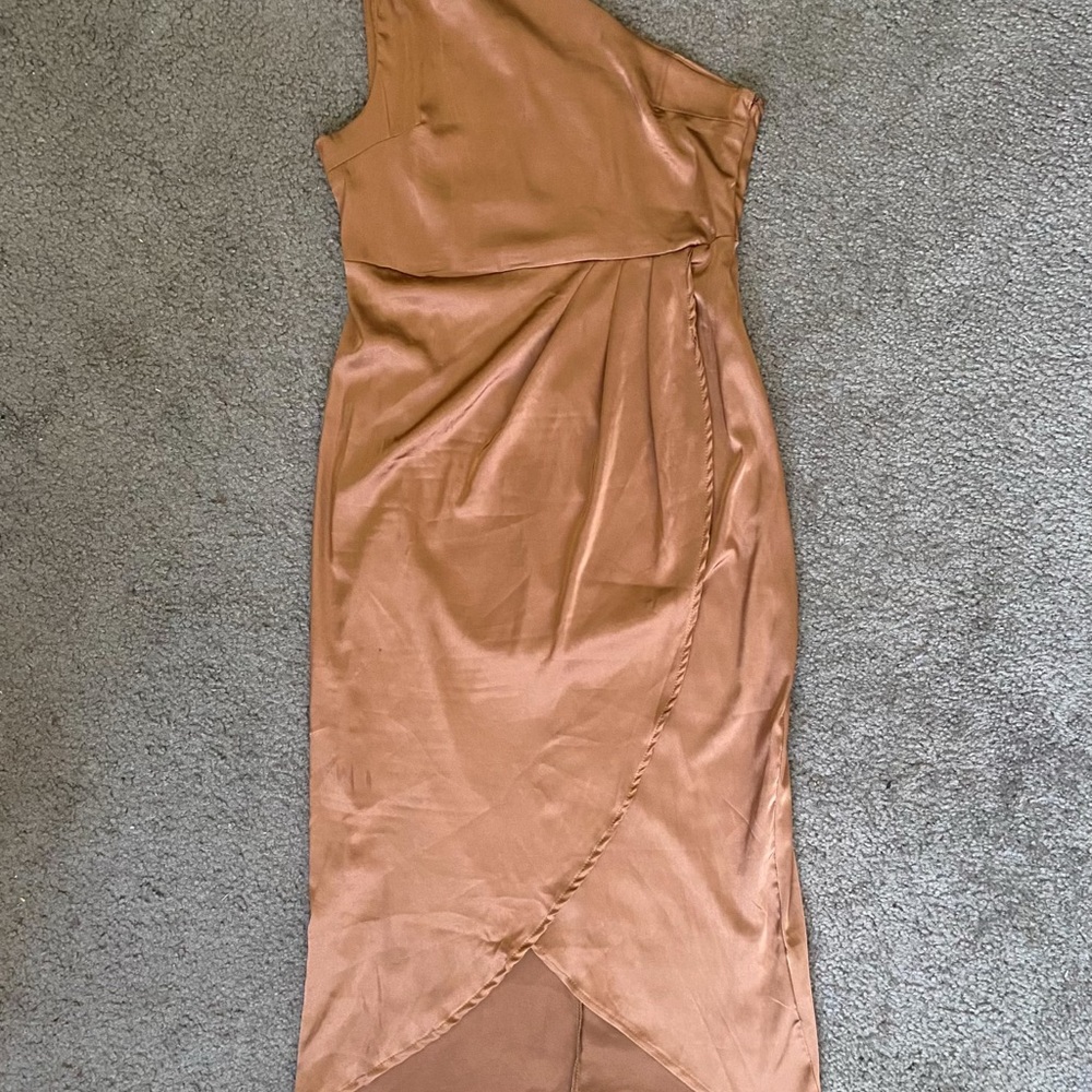 Lyaner Medium Brown Satin Lightweight One Shoulder Gathered Wrap Slit Midi Dress